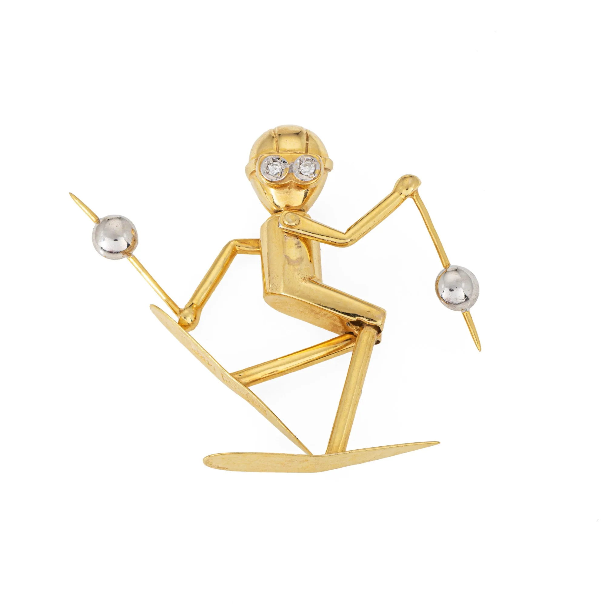 Vintage Skier Pendant Articulated Diamond Eyes 14k Yellow Gold Charm Jewelry