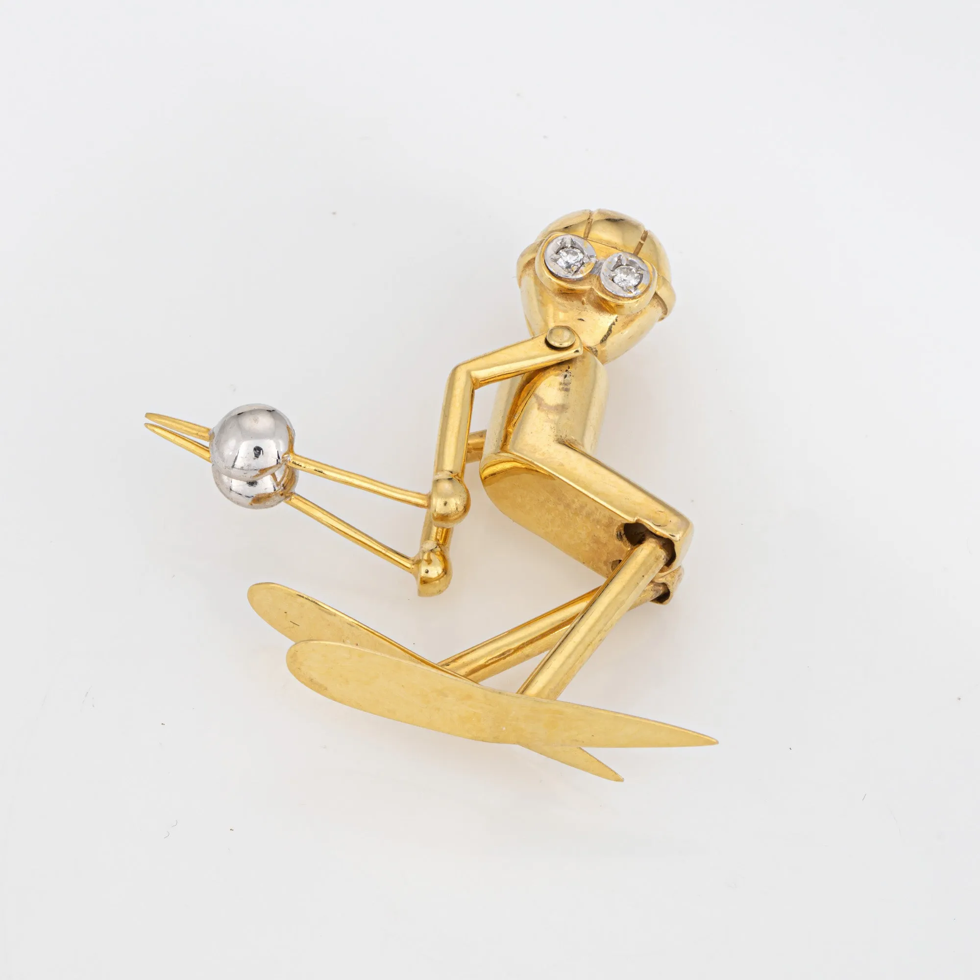 Vintage Skier Pendant Articulated Diamond Eyes 14k Yellow Gold Charm Jewelry