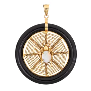 Vintage Spider Web Pendant Opal 14k Yellow Gold Large Onyx Fine Jewelry