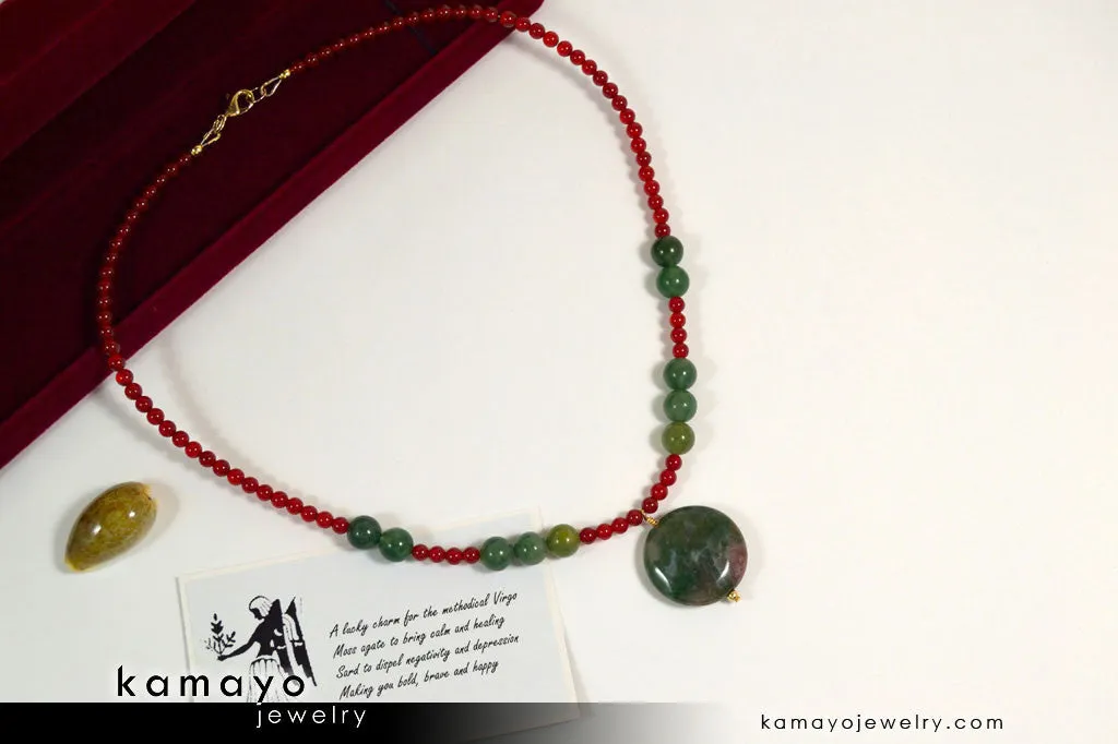 VIRGO NECKLACE - Moss Agate Pendant and Sard Beads