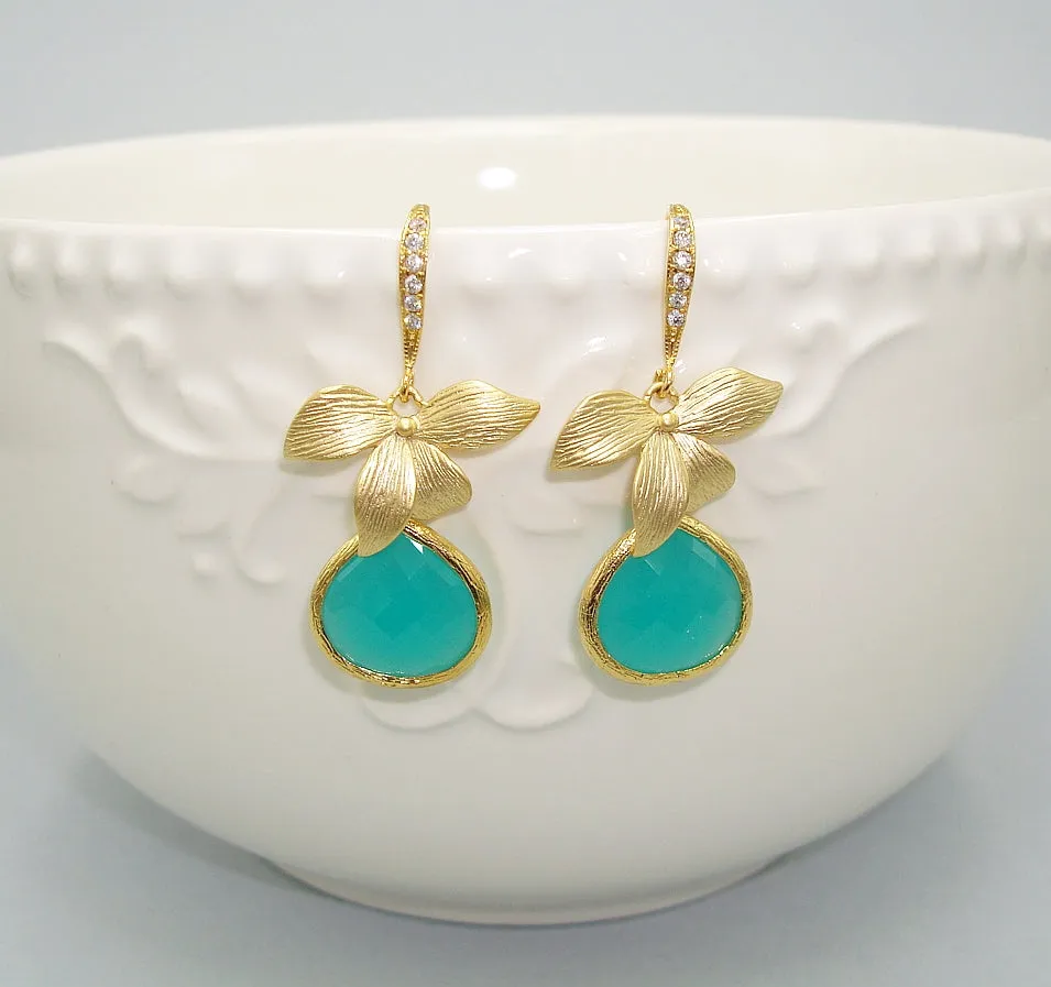 Wedding Jewelryl Bridesmaid Gift Bridesmaid Earrings Mint Opal Teardrop Framed Gold Flower Earrings.