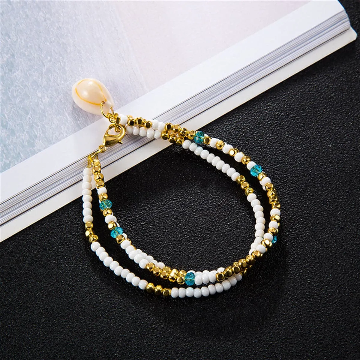 White & 18K Gold-Plated Seashell Beaded Layered Anklet