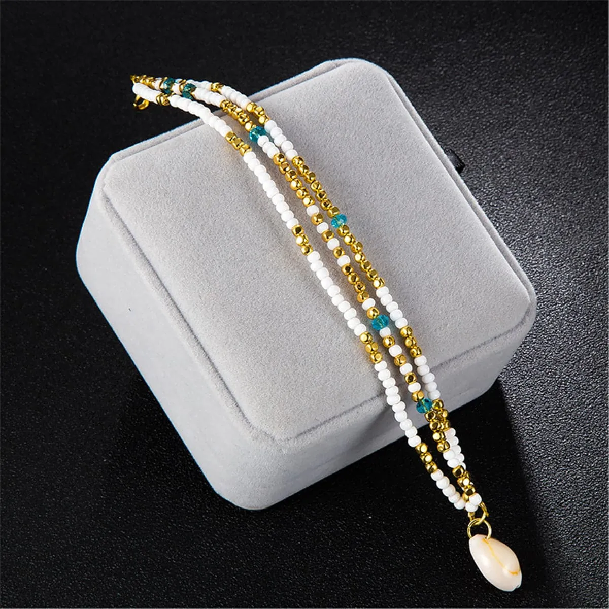 White & 18K Gold-Plated Seashell Beaded Layered Anklet