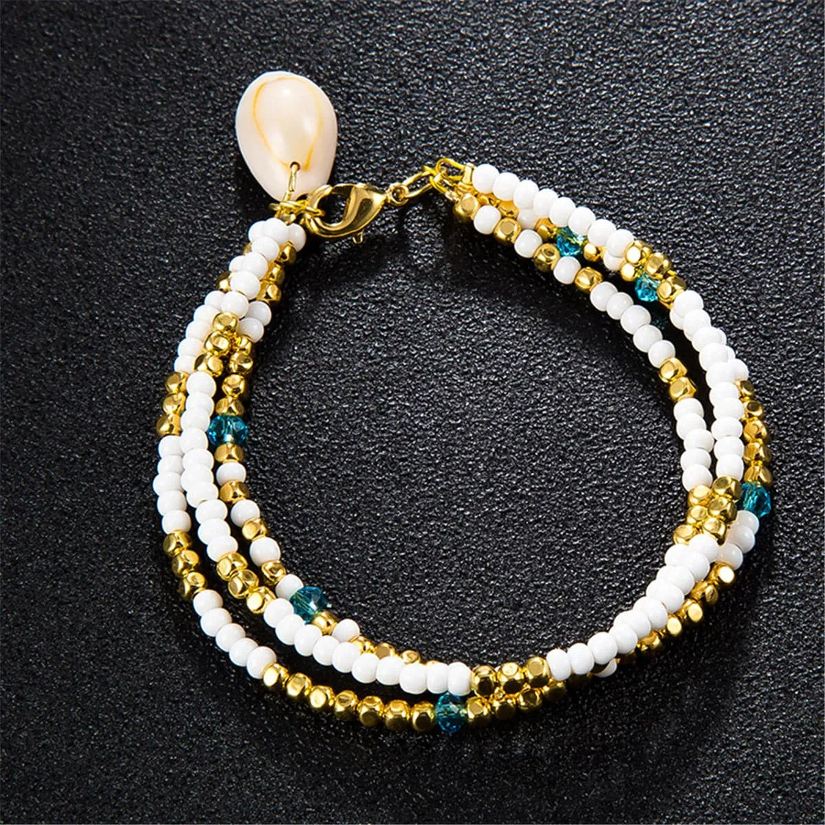White & 18K Gold-Plated Seashell Beaded Layered Anklet