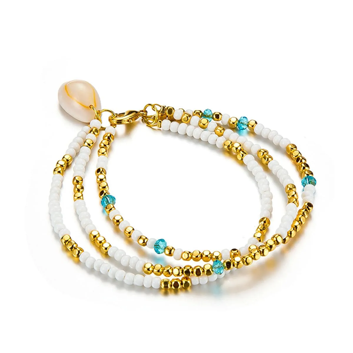 White & 18K Gold-Plated Seashell Beaded Layered Anklet