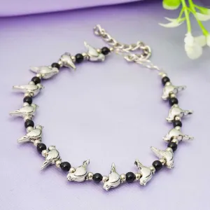 Women Silver-Toned & Black Silver Bird Beaded Anklet