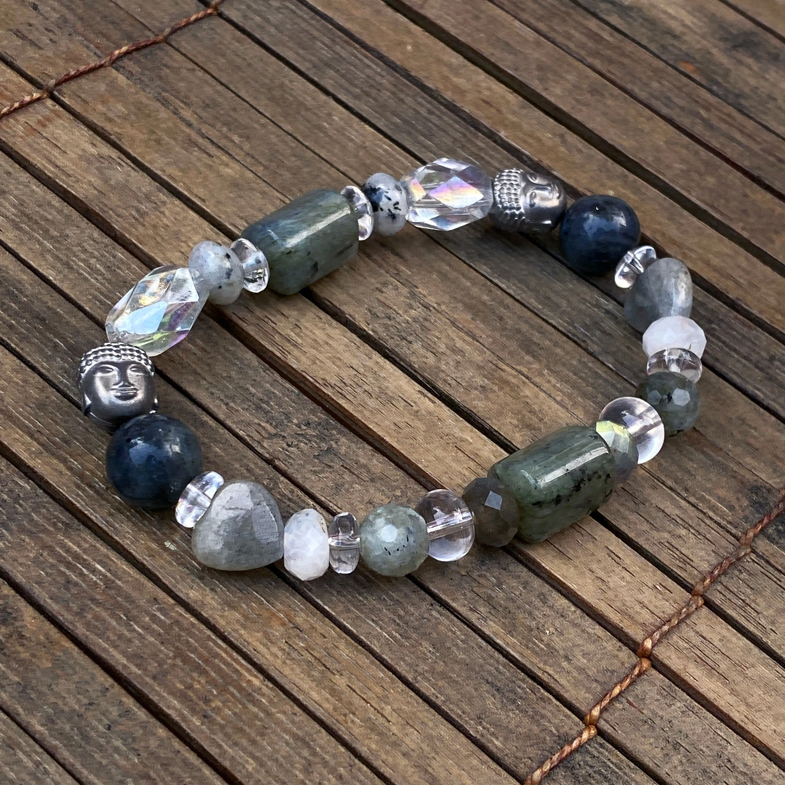 Women’s Clear Quartz, Labradorite and Hematite Buddha Gemstone beaded stretch Bracelet