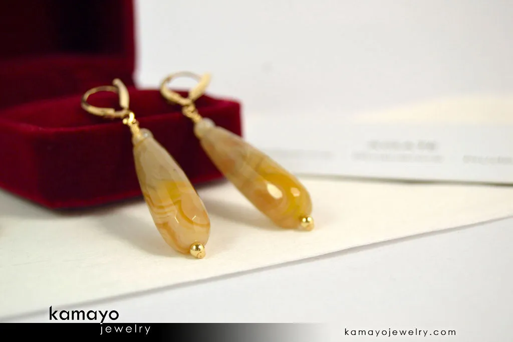 YELLOW AGATE EARRINGS - Long Drop Ear Rings for Women - Yellow Teardrop Pendant - 14K Gold Filled Leverback