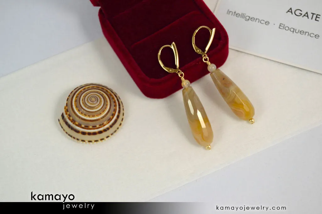 YELLOW AGATE EARRINGS - Long Drop Ear Rings for Women - Yellow Teardrop Pendant - 14K Gold Filled Leverback