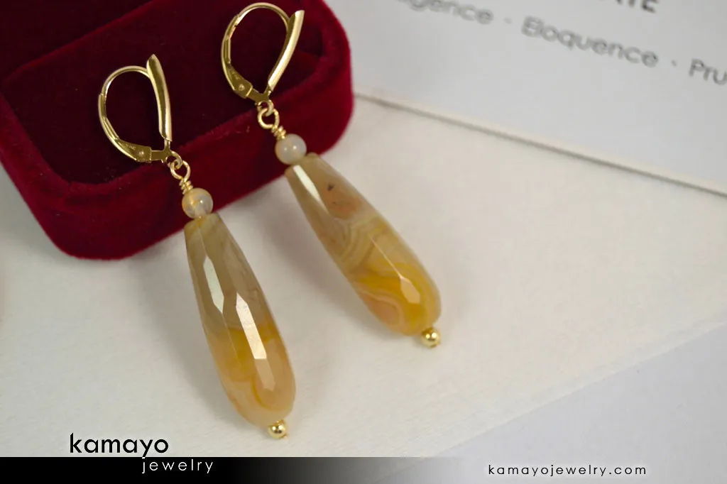 YELLOW AGATE EARRINGS - Long Drop Ear Rings for Women - Yellow Teardrop Pendant - 14K Gold Filled Leverback