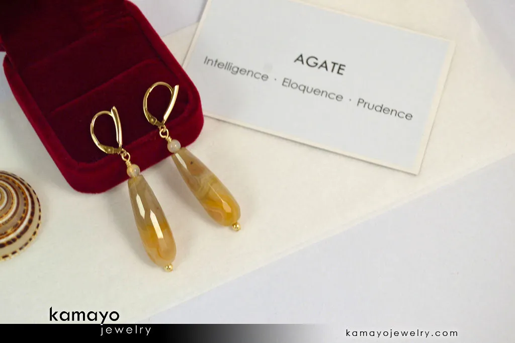 YELLOW AGATE EARRINGS - Long Drop Ear Rings for Women - Yellow Teardrop Pendant - 14K Gold Filled Leverback