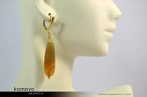 YELLOW AGATE EARRINGS - Long Drop Ear Rings for Women - Yellow Teardrop Pendant - 14K Gold Filled Leverback