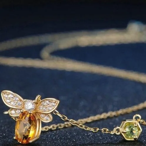Yellow Citrine Gemstone Bee Pendant Necklace Gold Women Jewelry