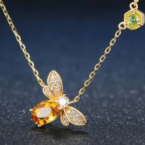 Yellow Citrine Gemstone Bee Pendant Necklace Gold Women Jewelry